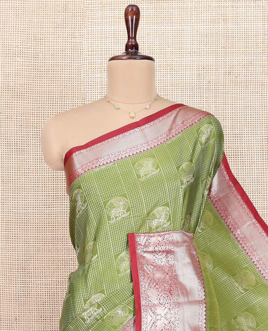 Green Budget Silk Saree, Uniquely Detailed with Jacquard Design All Over Its Body, Complemented by a Contrast Traditional Zari Design Border, Opulently Embellished Pallu, and Paired with a Contrast Blouse