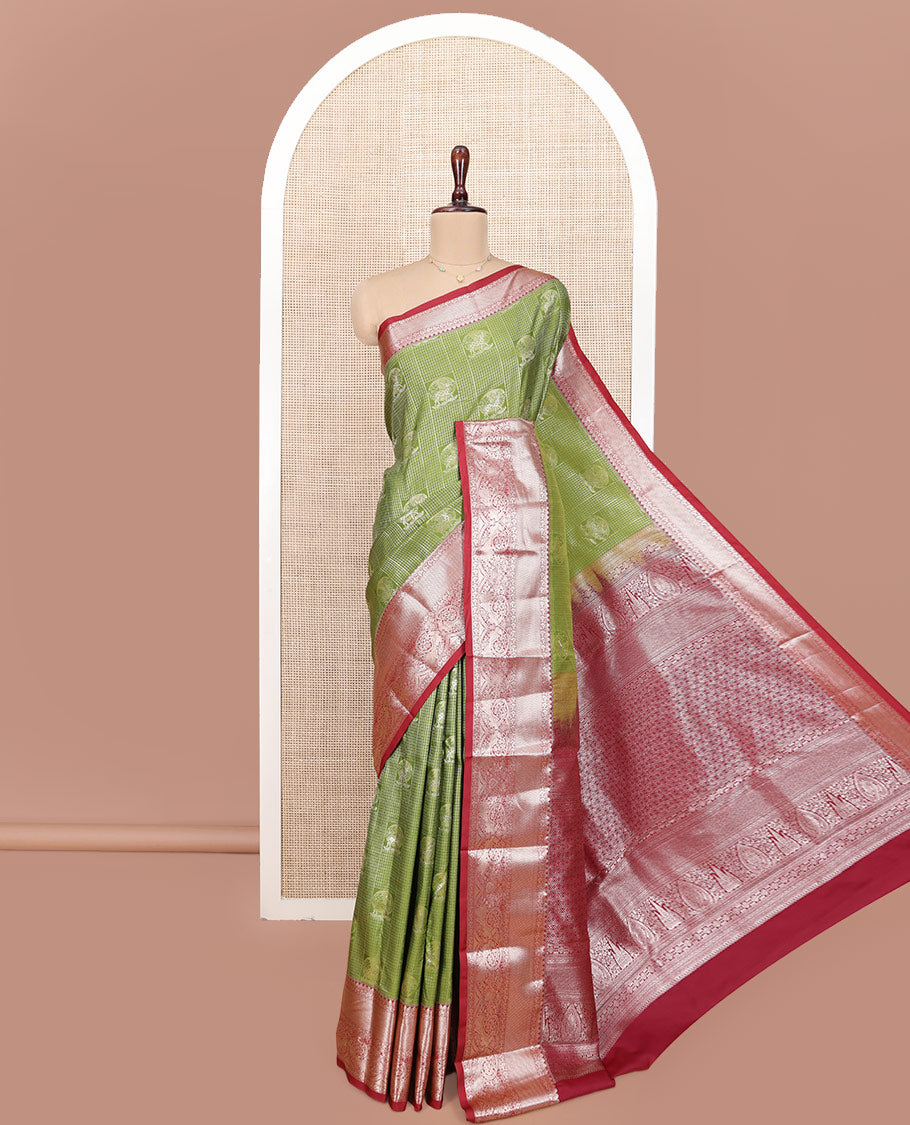Green Budget Silk Saree, Uniquely Detailed with Jacquard Design All Over Its Body, Complemented by a Contrast Traditional Zari Design Border, Opulently Embellished Pallu, and Paired with a Contrast Blouse
