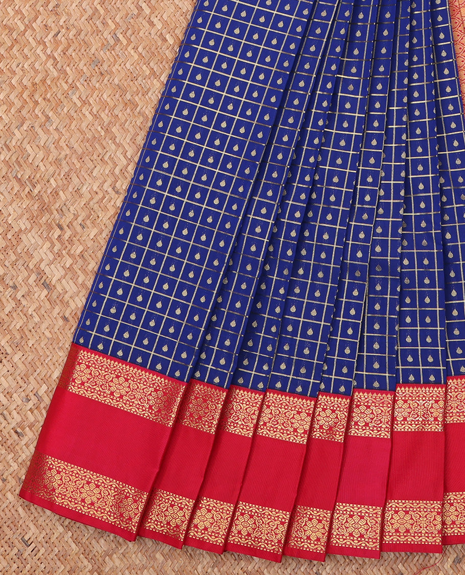 Blue Budget Silk Saree, Graced with Zari Butta Enclosed Checks On Its Body, Complemented by Contrast Traditional Zari Designs Woven Rettai Pettu Border, Grand Jaal Pallu and Paired with a Contrast