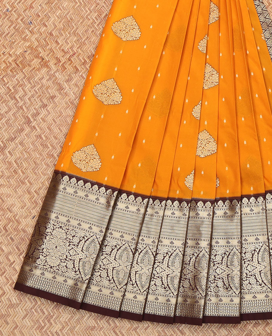 Orange Budget Silk Saree, Beautifully Bedecked with Zari Buttas All Over Its Body, Complemented by a Contrast Traditional Zari Design Border, Grand Jaal Pallu, and Paired with a Contrast Blouse