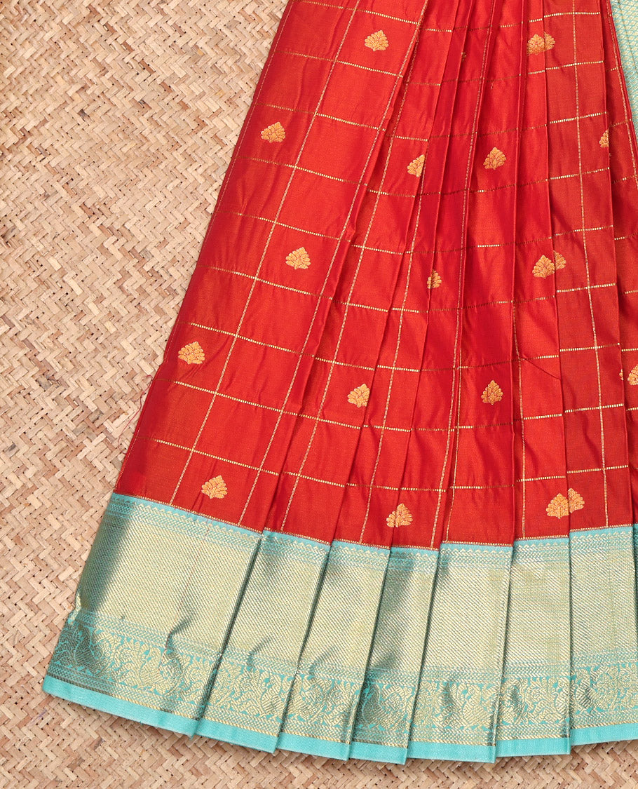 Red Budget Silk Saree, Woven with Butta Enclosed Checks All Over Its Body, Complemented by a Contrast Traditional Zari Design Border, Grand Pallu, and Paired with a Contrast Blouse