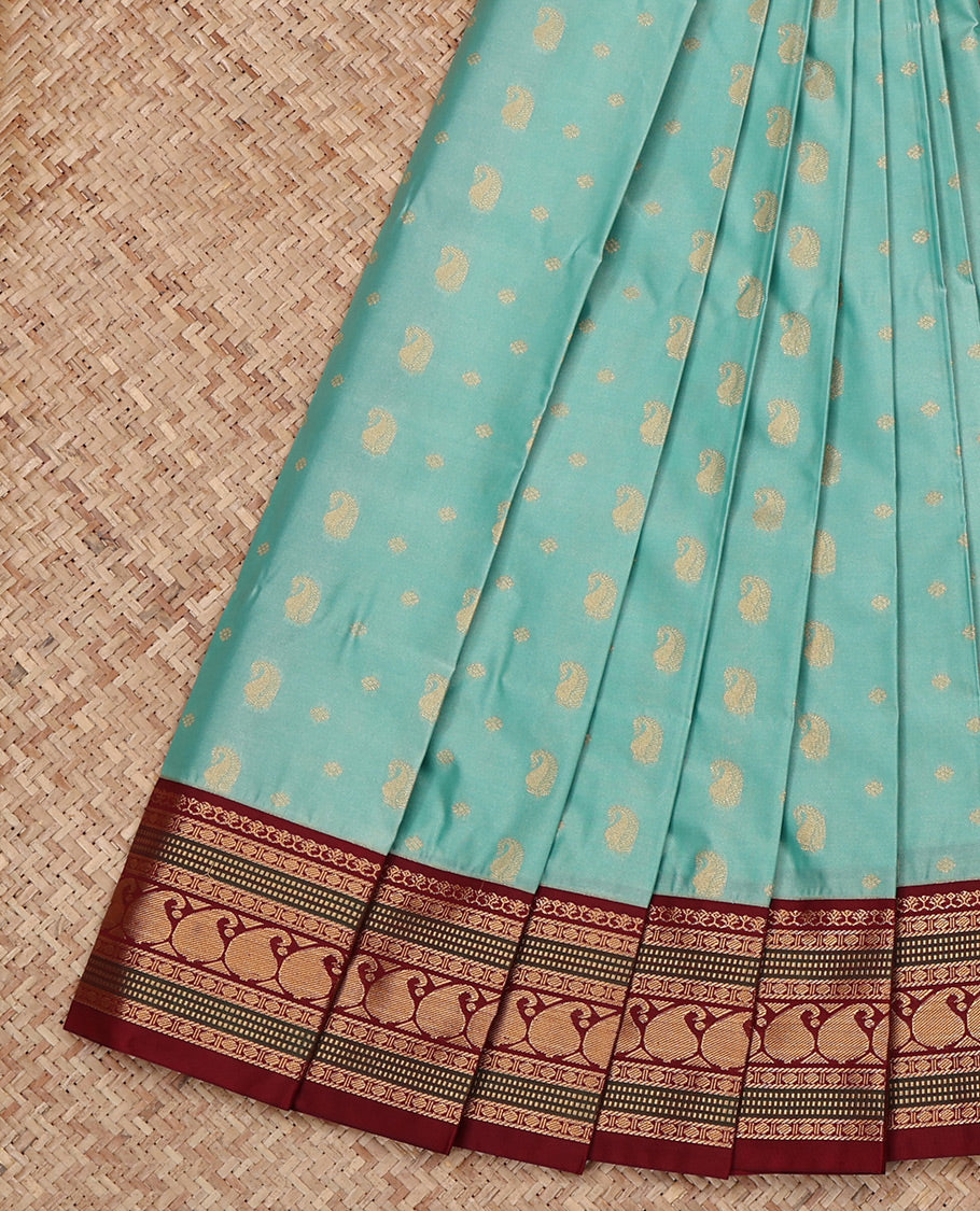 Blue Budget Silk Saree, Subtly Sparkled with Zari Buttas All Over Its Body, Complemented by a Contrast Traditional Zari Design Border, Grand Chevron Design Pallu, and Paired with a Contrast Blouse