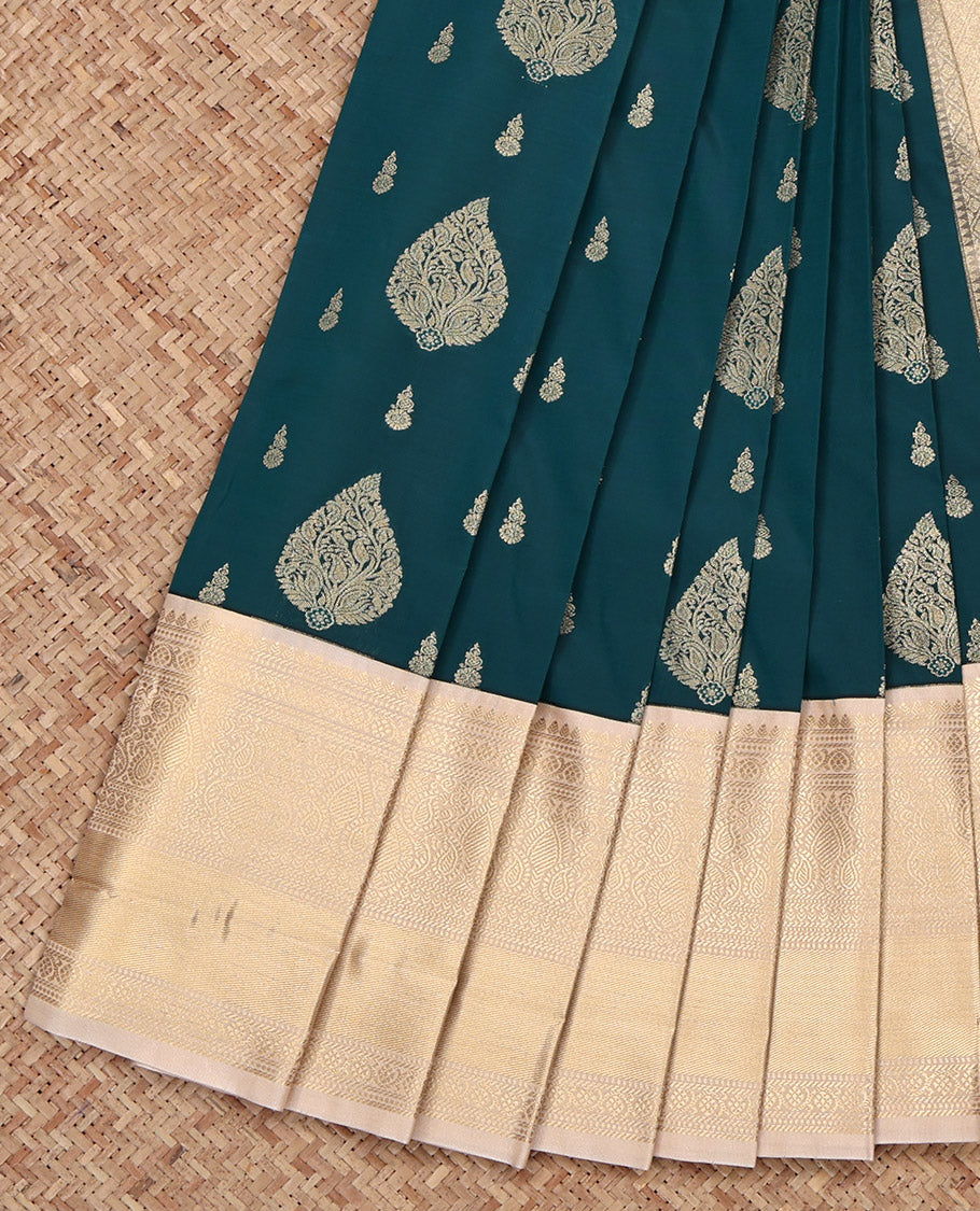 Blue Budget Silk Saree, Prettified with Zari Buttas on Its Body, Complemented by a Contrast Traditional Zari Design Border, Subtly Sparkled Pallu, and Paired with a Contrast Blouse