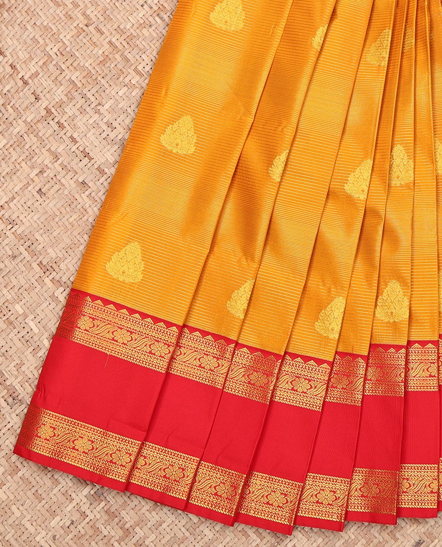 Orange Budget Silk Saree, Beautified with Zari Buttas and Stripes, Complemented by a Contrast Traditional Zari Design Rettai Pettu Border, Grand Pallu, and a Contrast Blouse