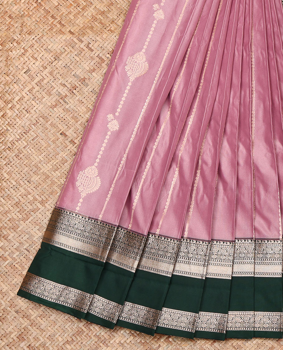Pink Budget Silk Saree, Detailed with Zari Buttas, Complemented by a Contrast Traditional Zari Rettai Pettu Border, Pallu of Intricate Designs, and a Contrast Blouse