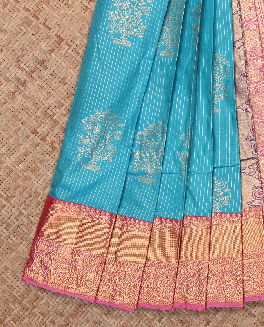 Blue Budget Silk Saree, Richly Detailed with Zari Buttas and Stripes, Complemented by Contrast Traditional Zari Border, Grand Pallu and a Contrast Blouse