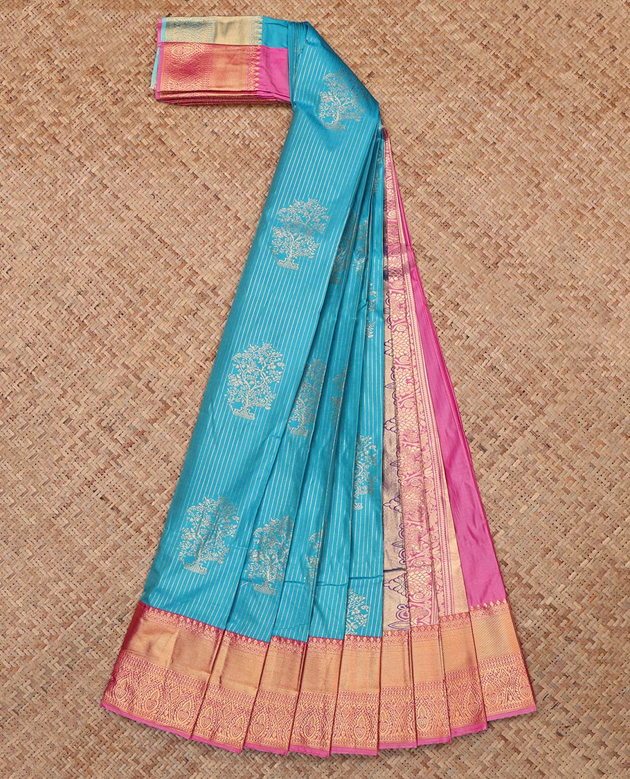 Blue Budget Silk Saree, Richly Detailed with Zari Buttas and Stripes, Complemented by Contrast Traditional Zari Border, Grand Pallu and a Contrast Blouse