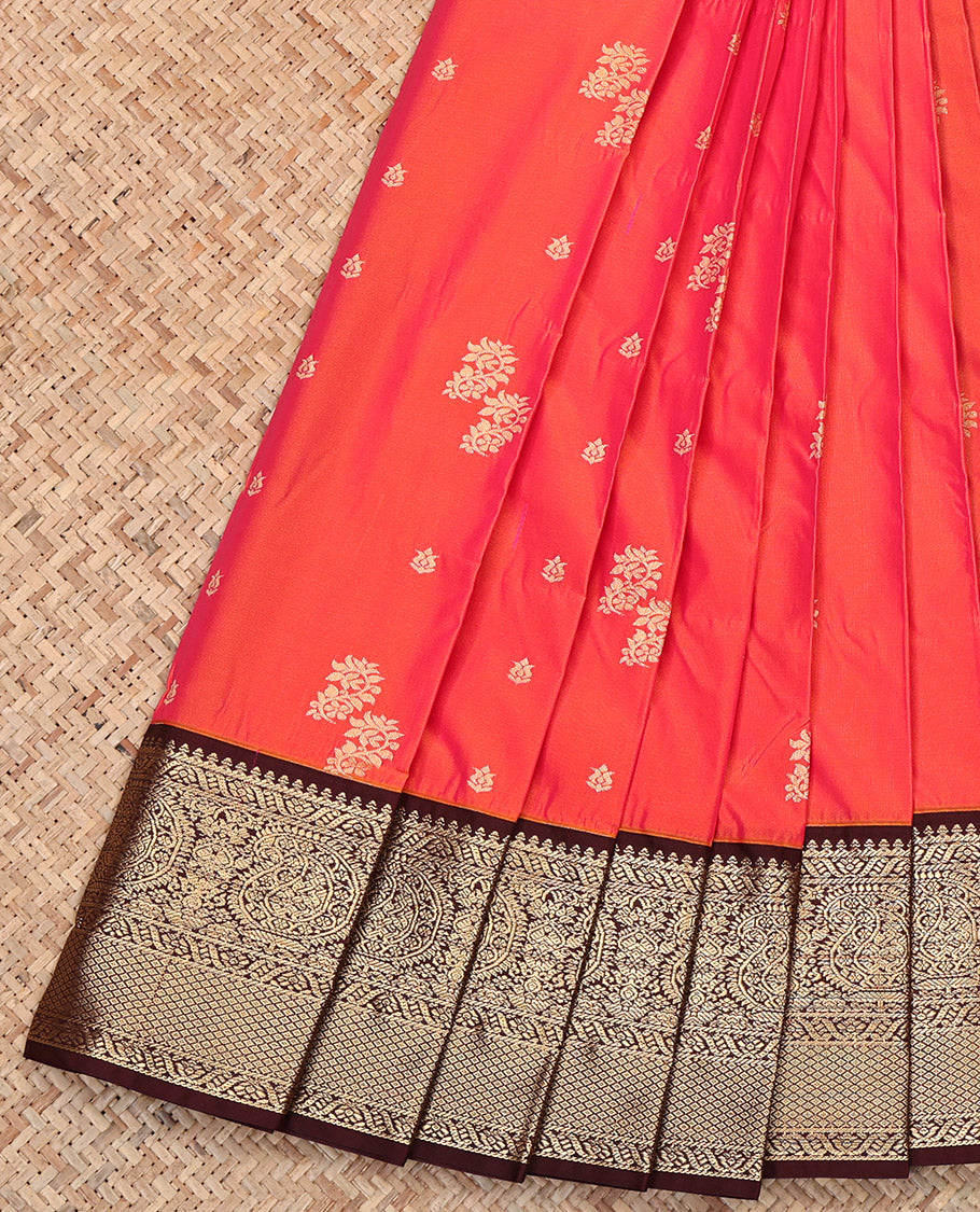 Orange-Pink Budget Silk Saree, Woven with Zari Buttas, Contrast Tradittional Zari Border, Jaal Pallu, and a Contrast Blouse