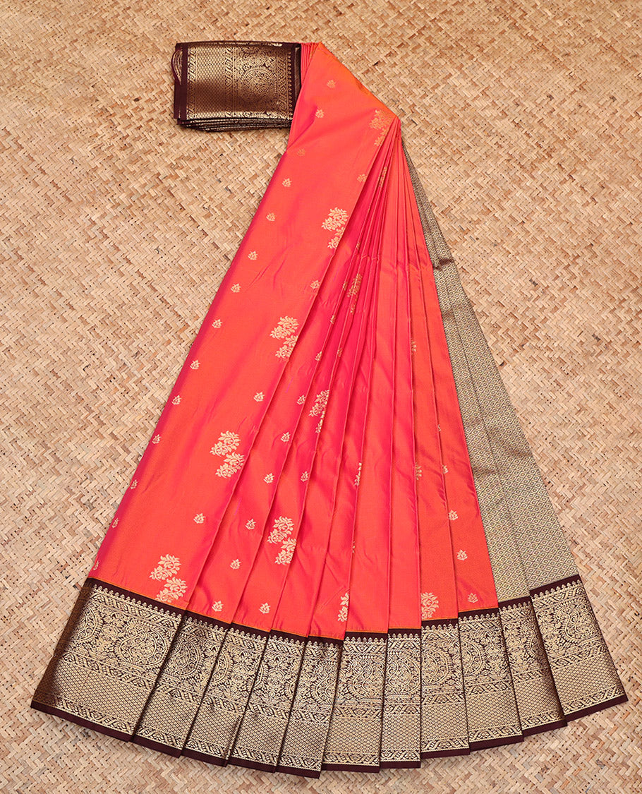 Orange-Pink Budget Silk Saree, Woven with Zari Buttas, Contrast Tradittional Zari Border, Jaal Pallu, and a Contrast Blouse