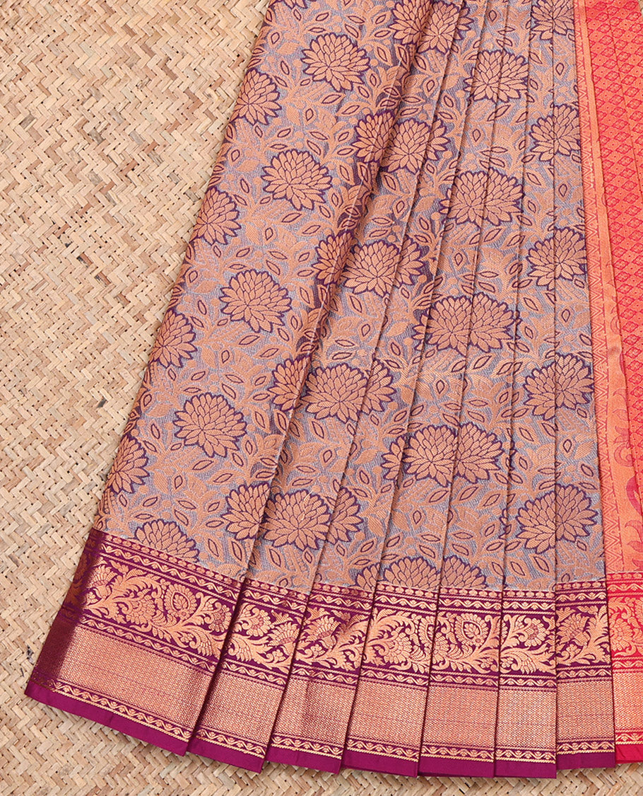 Grey Budget Silk Saree, Elegantly Highlighted with Floral Jacquard Design, Complemented by Contrast Traditional Zari Border, Grand Pallu and a Contrast Blouse
