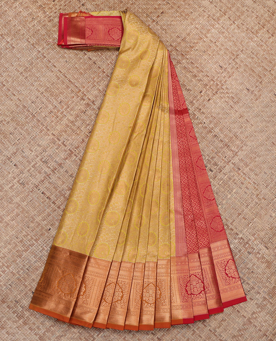 Yellow Budget Silk Saree, Sparsely Threaded with Floral Jacquard, Complemented by Contrast Traditional Zari Border, Jaal Pallu, and a Contrast Blouse
