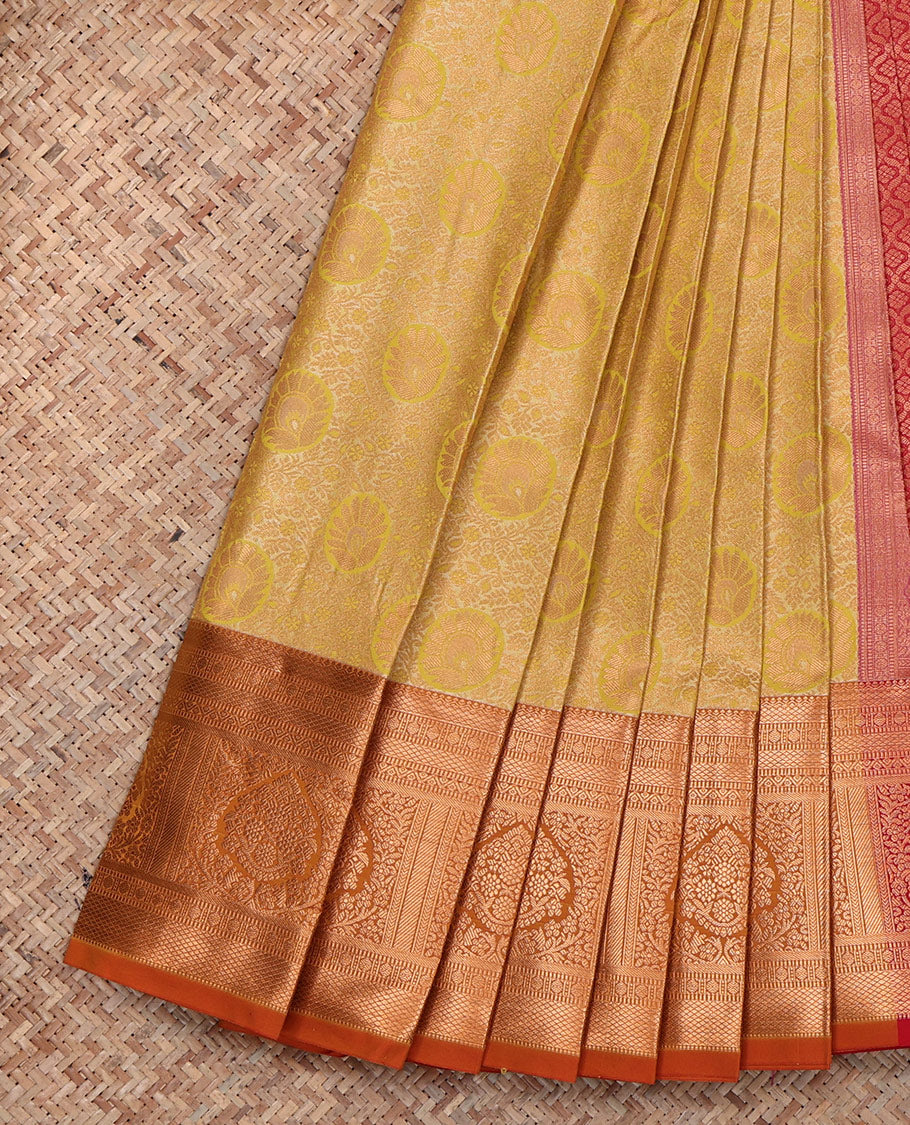 Yellow Budget Silk Saree, Sparsely Threaded with Floral Jacquard, Complemented by Contrast Traditional Zari Border, Jaal Pallu, and a Contrast Blouse