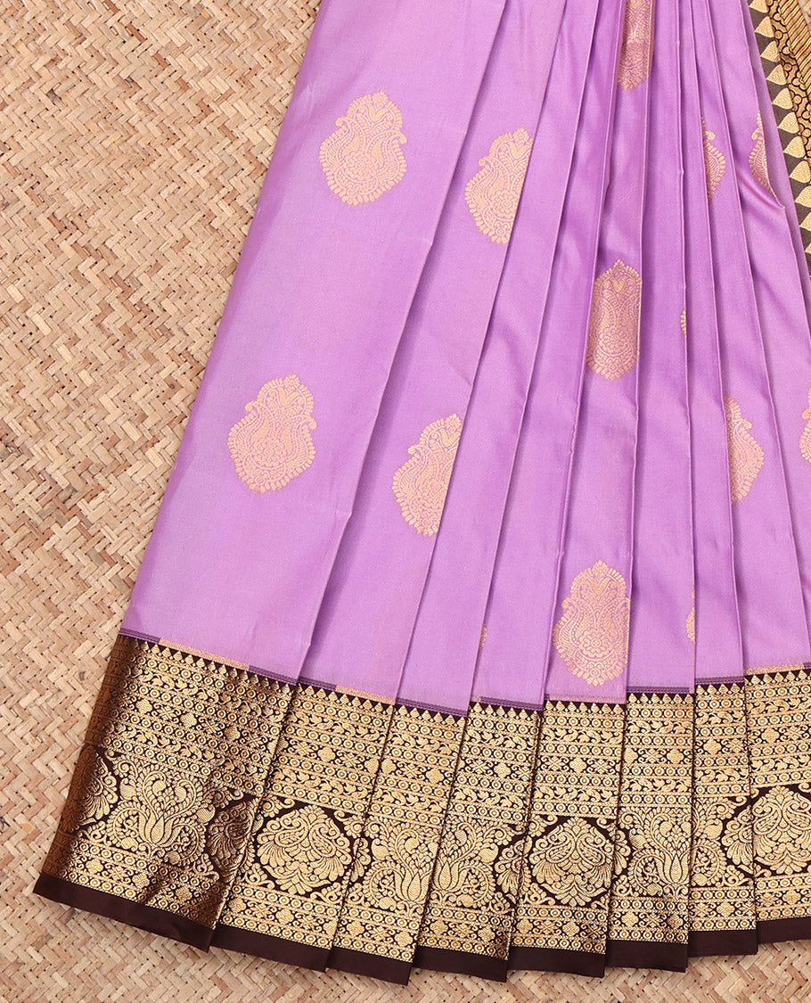 Lavender Budget Silk Saree, Decked Up with Zari Buttas, Complemented by a Contrast Traditional Zari Border, Grand Pallu, and a Contrast Blouse