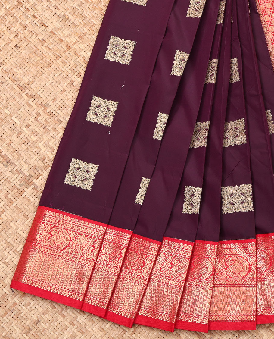 Maroon Budget Silk Saree, Detailed with Zari Buttas, Complemented by a Contrast Traditional Border, Grand Pallu, and Contrast Blouse