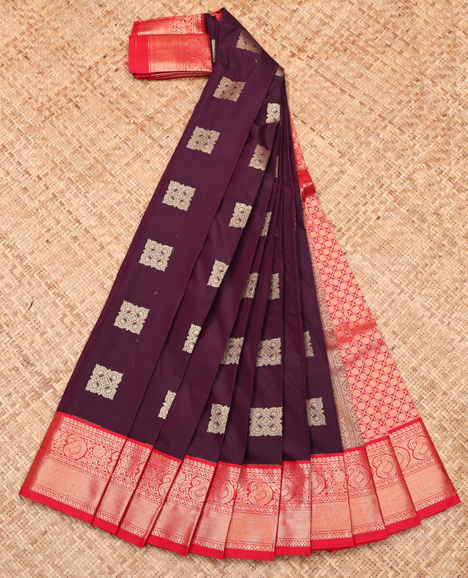 Maroon Budget Silk Saree, Detailed with Zari Buttas, Complemented by a Contrast Traditional Border, Grand Pallu, and Contrast Blouse