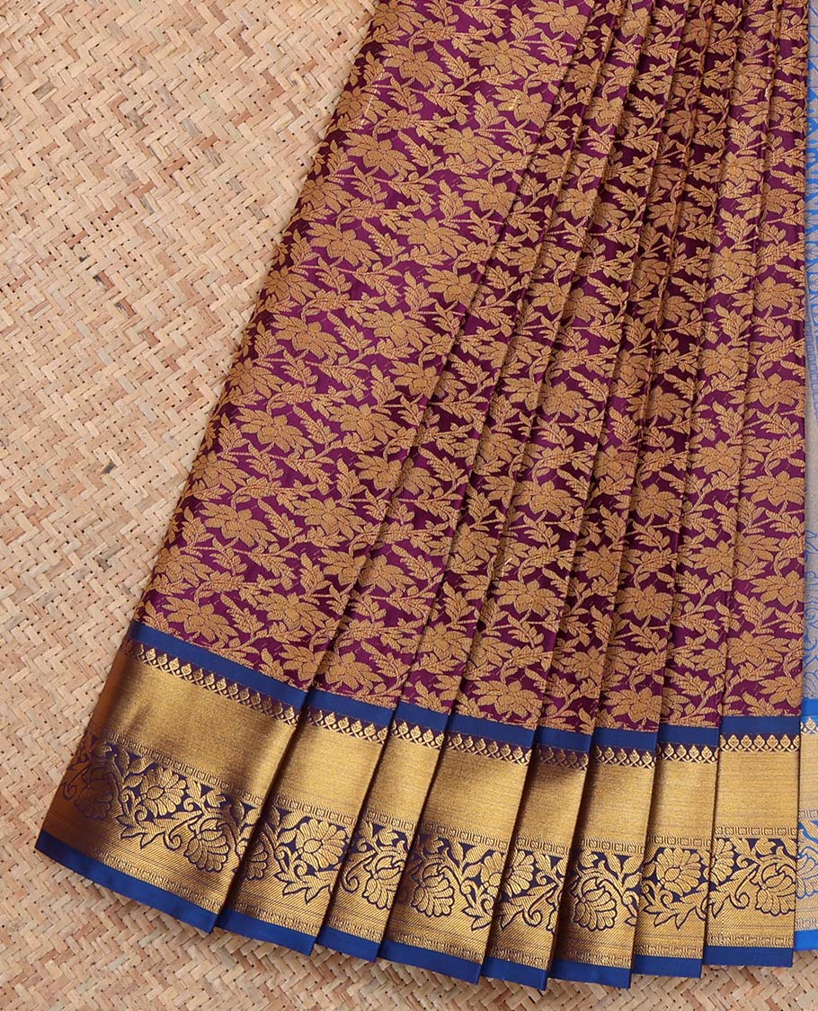 Purple Budget Silk Saree, Bedecked with Floral Jacquard Design, Complemented by Contrast Traditional Zari Border, an Intricate Pallu and a Contrast Blouse