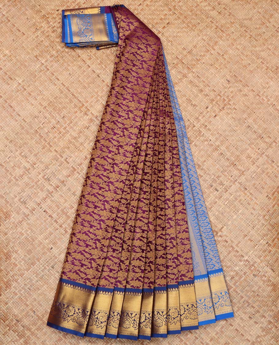 Purple Budget Silk Saree, Bedecked with Floral Jacquard Design, Complemented by Contrast Traditional Zari Border, an Intricate Pallu and a Contrast Blouse