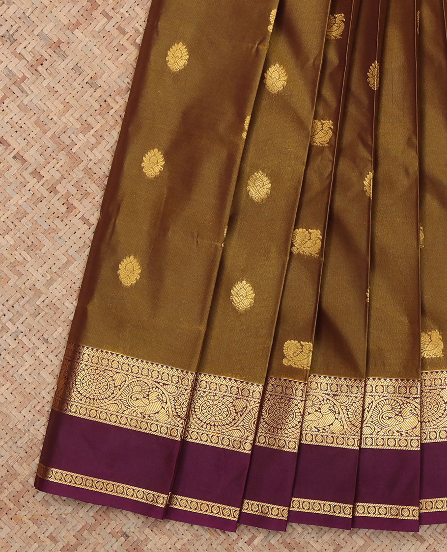 Brown Budget Silk Saree, Adorned with Peacock-Floral Buttas, a Contrast Traditional Rettai Pettu Border, a Grand Pallu and a Contrast Blouse