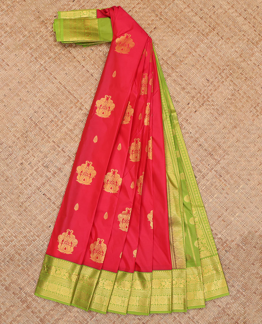 Red Budget Silk Saree, Decked Up with Zari Buttas, Complemented by Contrast Traditional Zari Border, a Grand Pallu and a Contrast Blouse