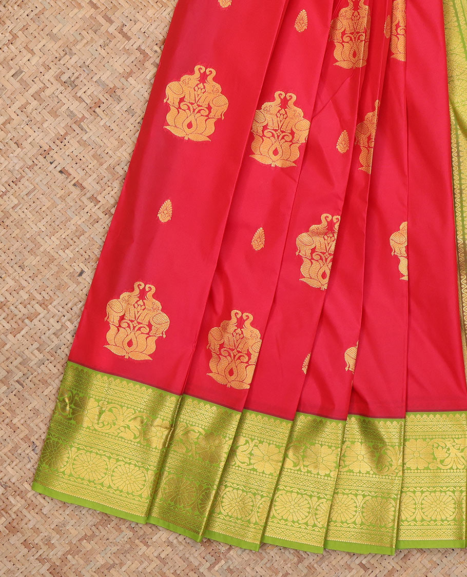 Red Budget Silk Saree, Decked Up with Zari Buttas, Complemented by Contrast Traditional Zari Border, a Grand Pallu and a Contrast Blouse