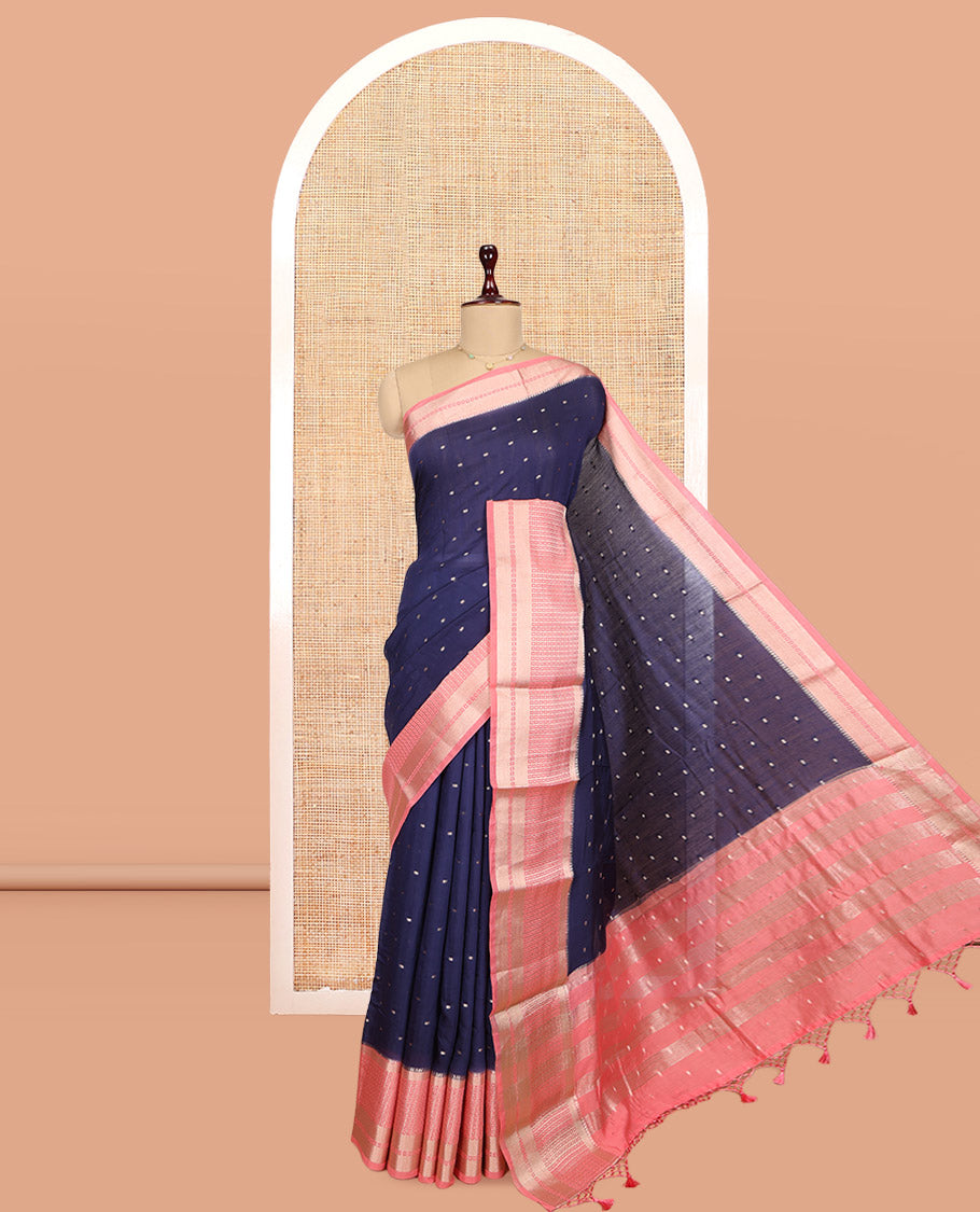 Blue Assam Silk Saree, Woven with Zari Buttas, Complemented by Contrast Traditional Zari Border, Zari Woven Pallu, and Contrast Blouse