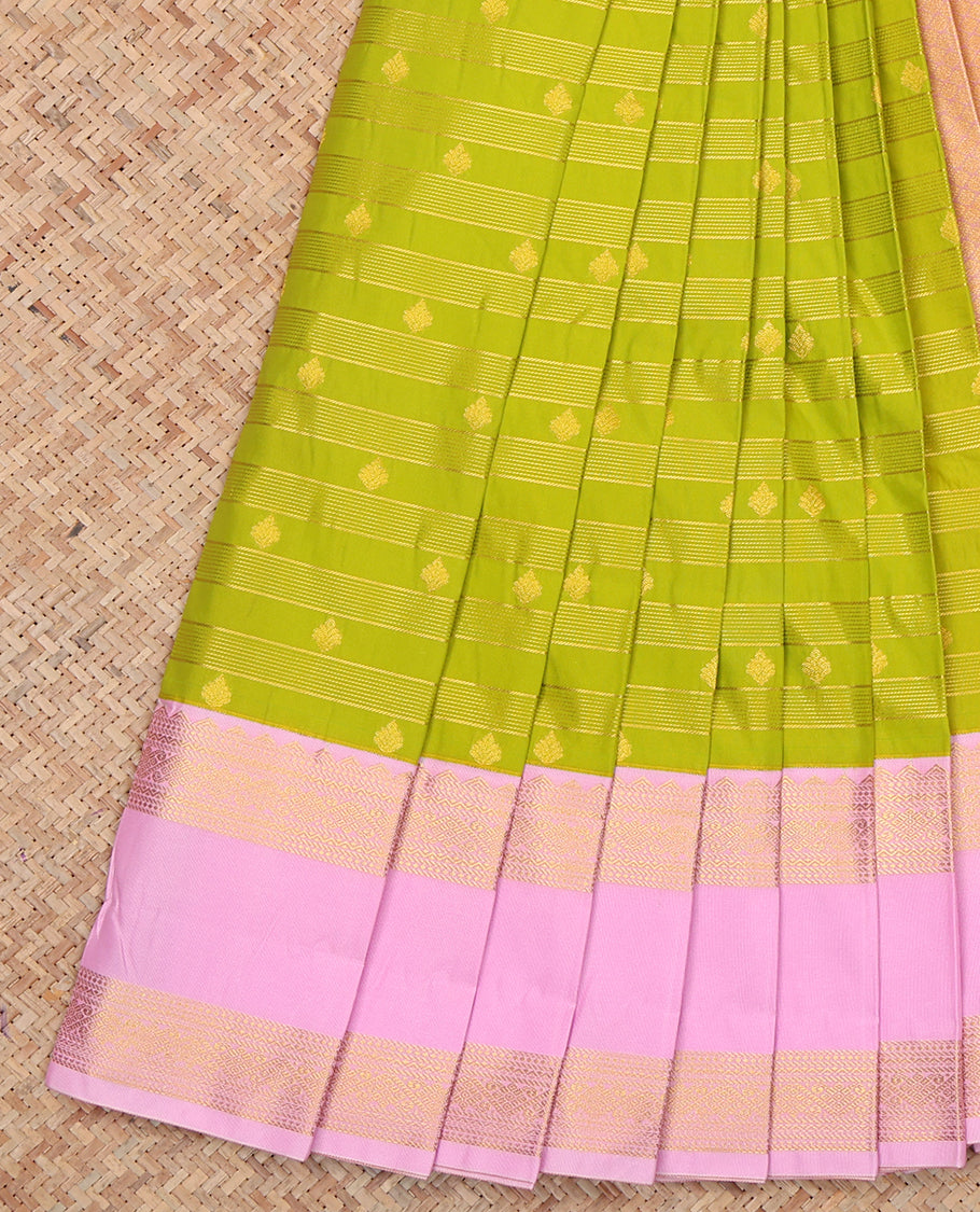 Parrot Green Budget Silk Saree, Subtly Sparkled with Zari Buttas and Stripes, a Contrast Traditional Zari Rettai Pettu Border, Jaal Pallu, and a Contrast Blouse