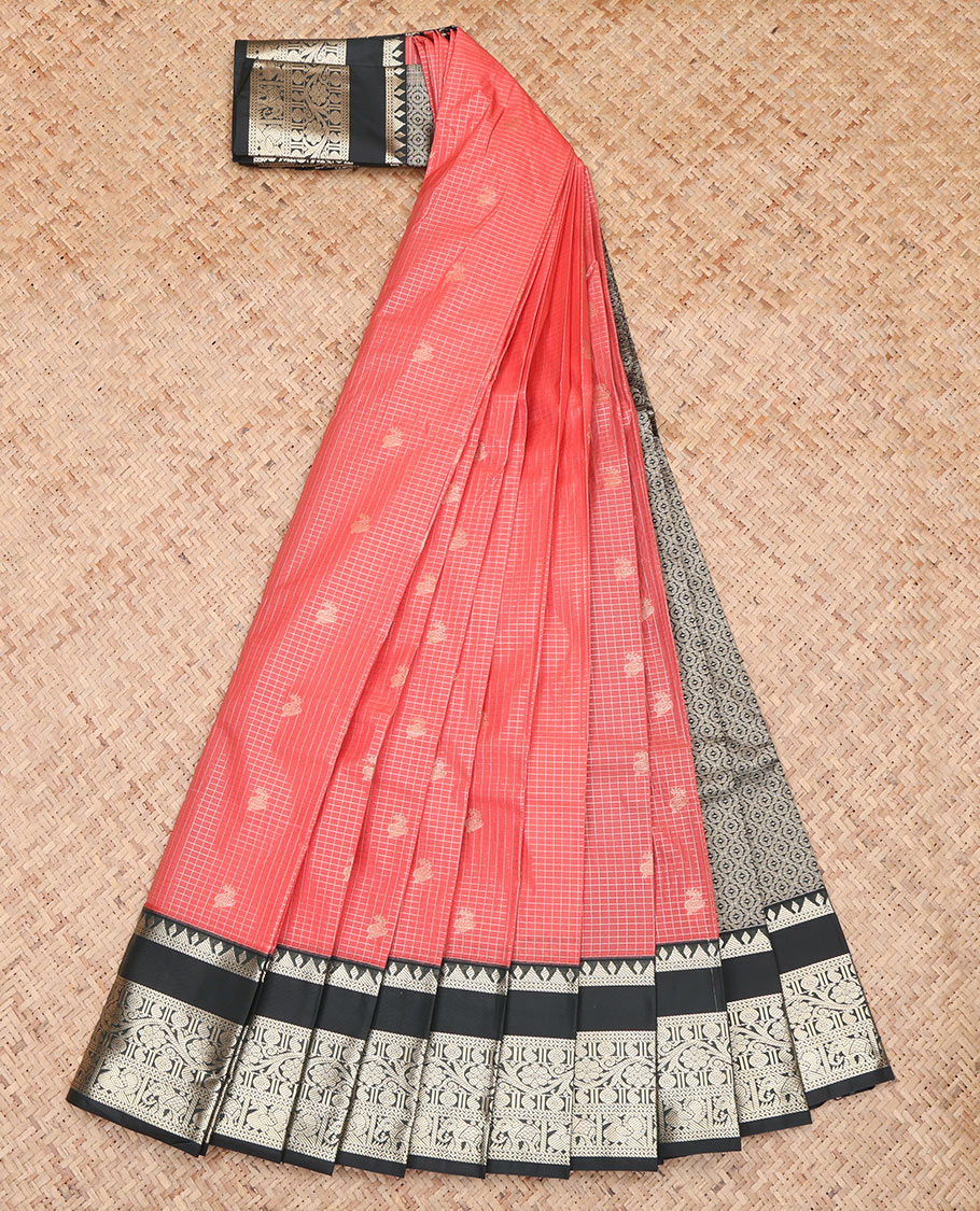 Salmon Red Checks Budget Silk Saree