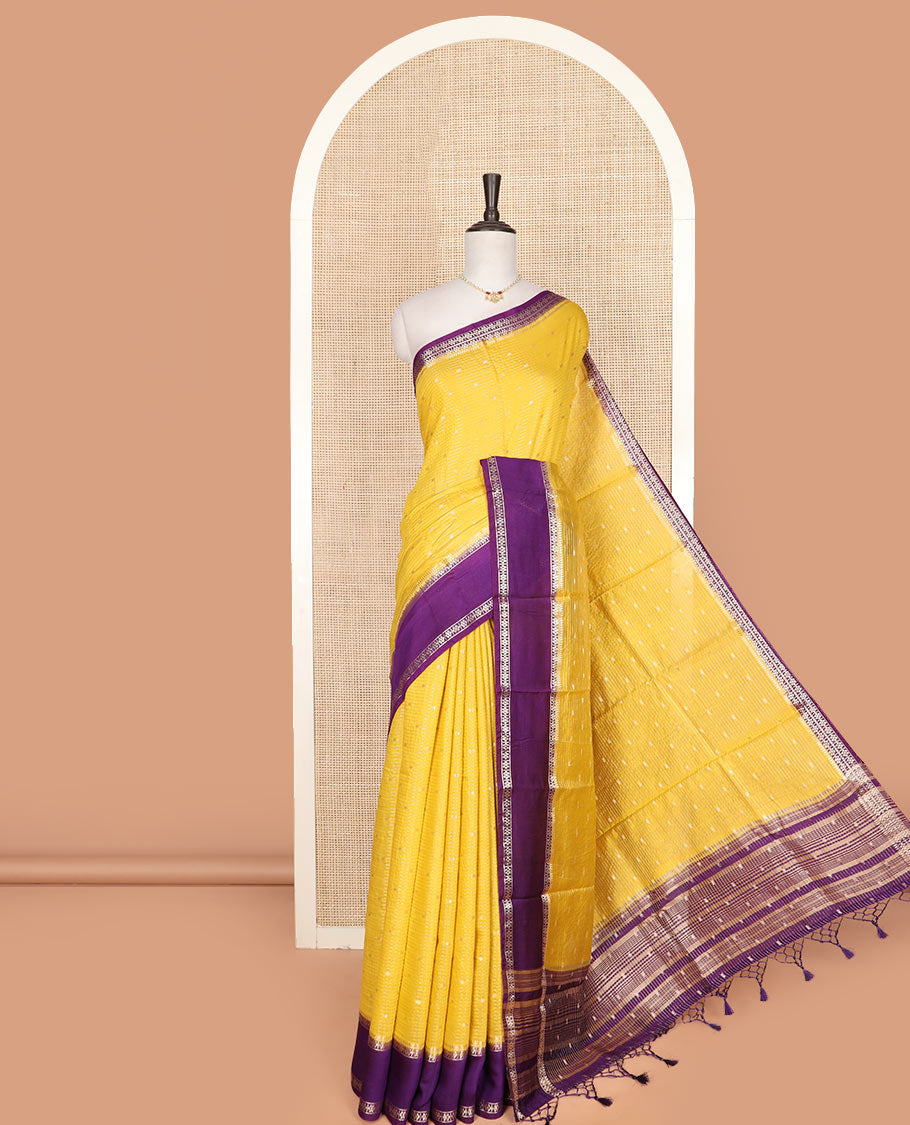 Yellow zari buttas and stripes assam silk saree, contrast traditional zari border, and zari design pallu