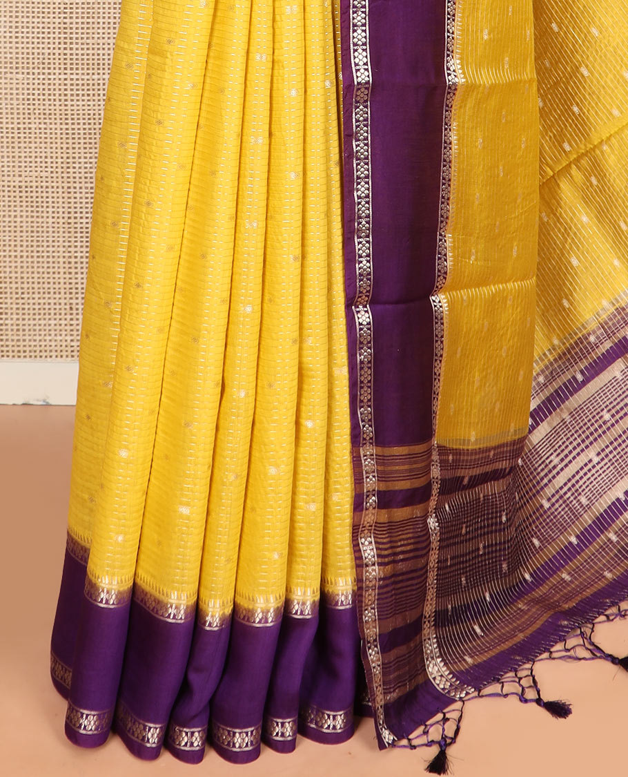Yellow zari buttas and stripes assam silk saree, contrast traditional zari border, and zari design pallu