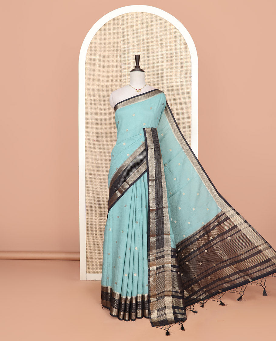 Blue peacock buttas Assam silk saree, contrast traditional zari border, and pallu of zari designs