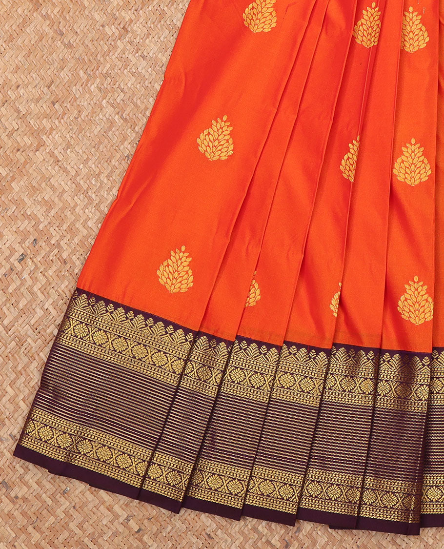 Orange Budget Silk Saree, Embellished with Zari Buttas All Over Its Body, Complemented by a Contrast Traditional Zari Design Border, Pallu Detailed with Jaal Designs, and Paired with a Contrast Blouse
