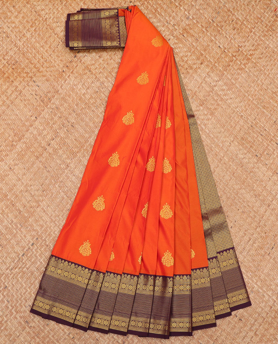 Orange Budget Silk Saree, Embellished with Zari Buttas All Over Its Body, Complemented by a Contrast Traditional Zari Design Border, Pallu Detailed with Jaal Designs, and Paired with a Contrast Blouse
