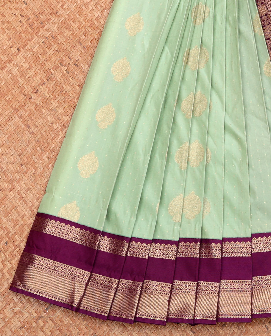 Green Budget Silk Saree, Sparsely Woven with Zari Buttas, Complemented by a Contrast Traditional Zari Rettai Pettu Border, Grand Pallu, and Contrast Blouse