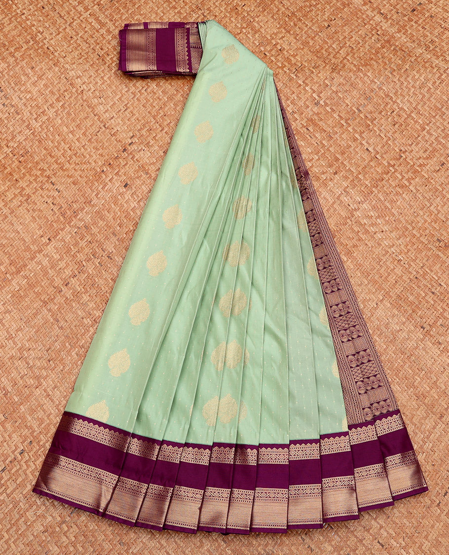 Green Budget Silk Saree, Sparsely Woven with Zari Buttas, Complemented by a Contrast Traditional Zari Rettai Pettu Border, Grand Pallu, and Contrast Blouse