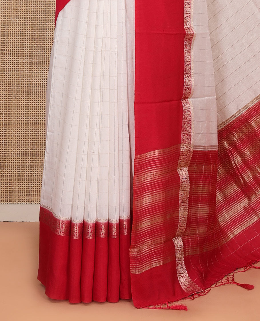 White Assam Silk Saree Sparsely Sparkled with Zari Checks, Complemented by Captivating Contrast Border Featuring Bird Designs, Gleaming Zari Striped Steeped Pallu, and Paired with a Contrast Blouse