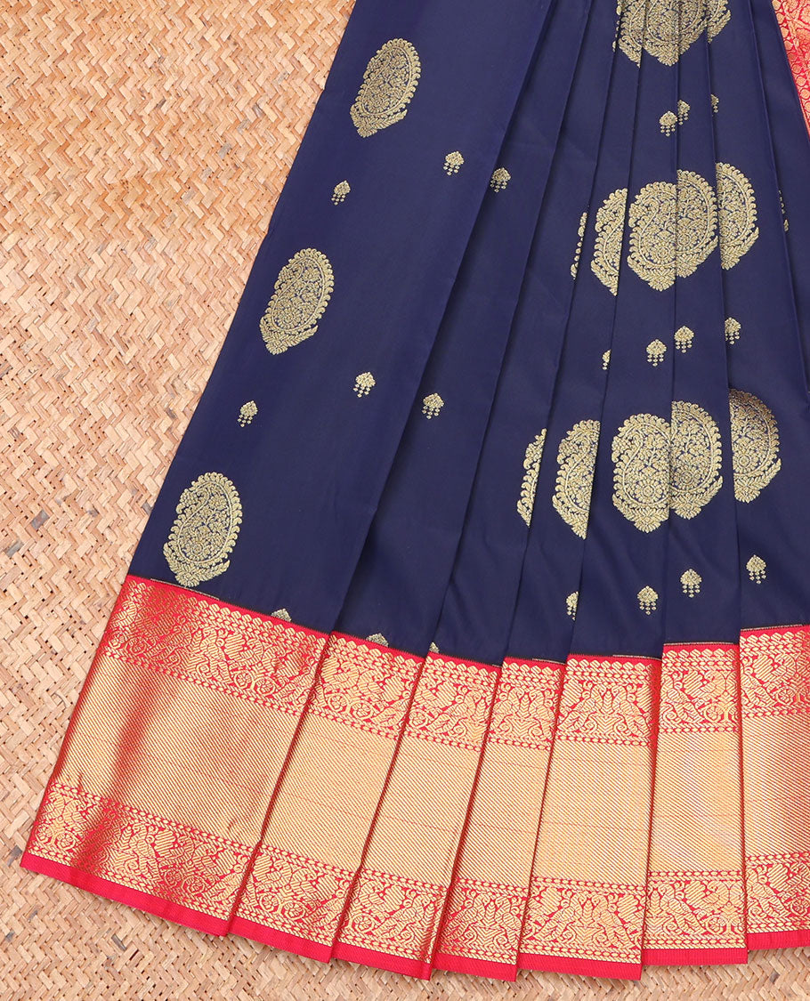 Blue Budget Silk Saree, Impeccably Styled with Zari Buttas on Its Body, Complemented by a Contrast Traditional Zari Design Border, Grand Jaal Pallu, and Paired with a Contrast Blouse