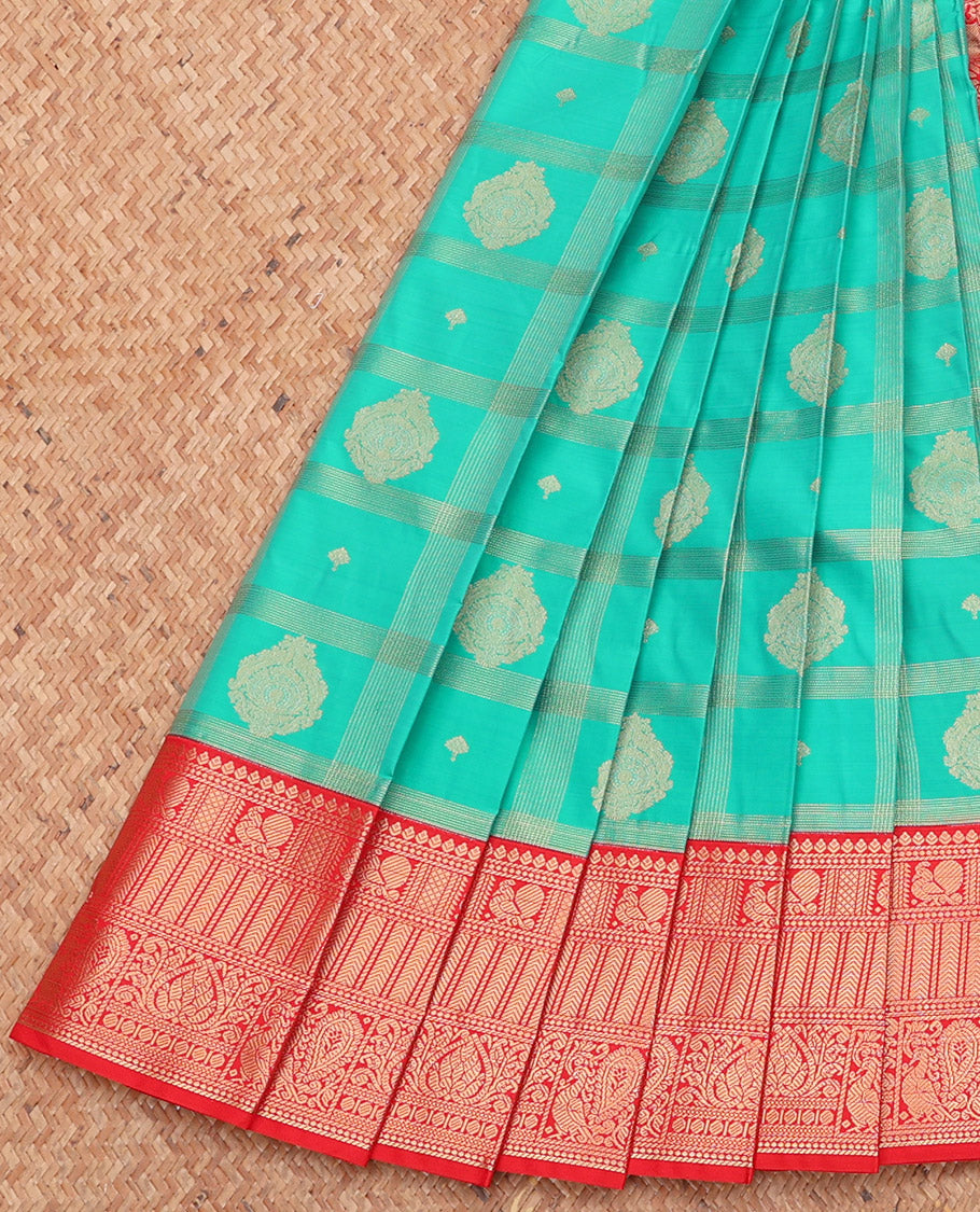 Green Budget Silk Saree, Impeccably Styled with Zari Butta Enclosed Checks, Complemented by a Contrast Traditional Zari Border, Grand Pallu, and a Contrast Blouse