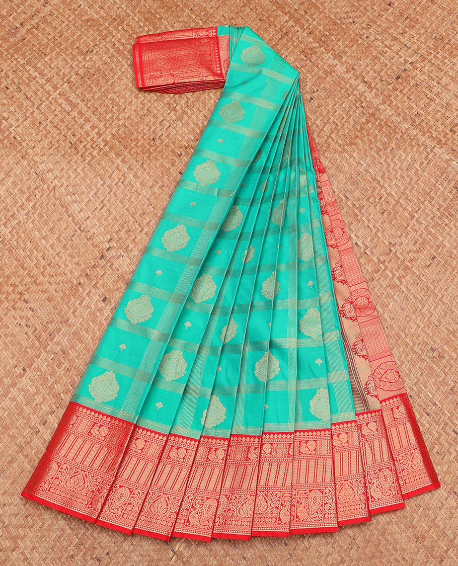 Green Budget Silk Saree, Impeccably Styled with Zari Butta Enclosed Checks, Complemented by a Contrast Traditional Zari Border, Grand Pallu, and a Contrast Blouse
