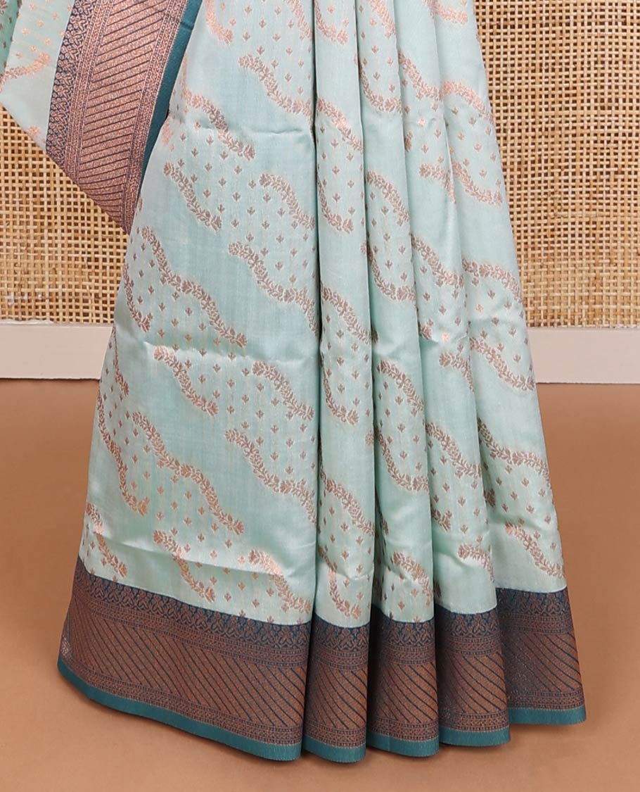 Blue butter silk saree with floral zari designs, contrast traditional zari design & jaal pallu