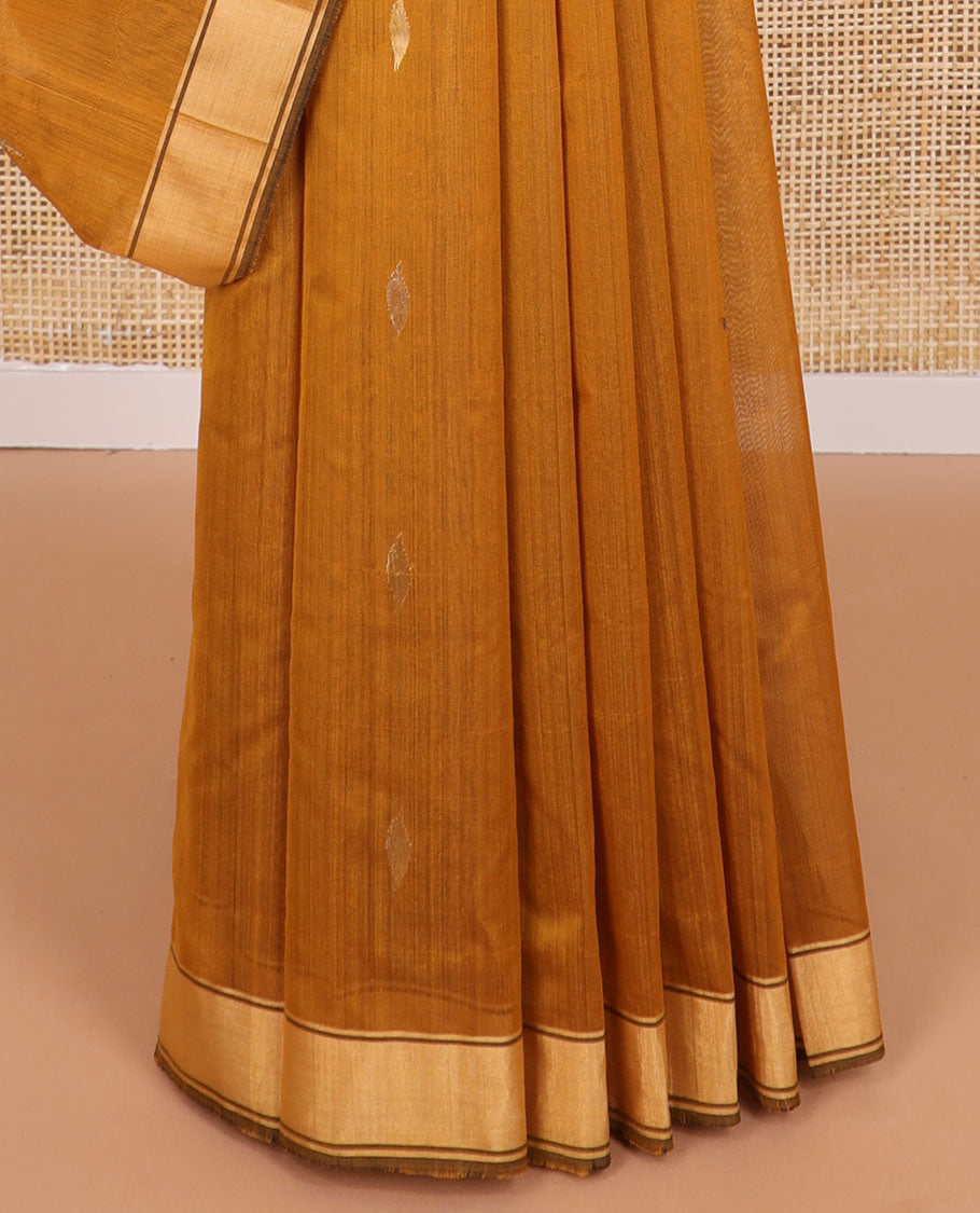 Brown floral design chanderi cotton saree with contrast zari border & striped, floral design pallu