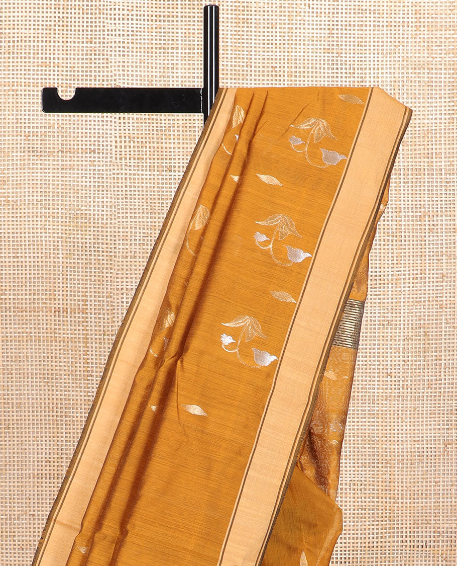 Brown floral design chanderi cotton saree with contrast zari border & striped, floral design pallu