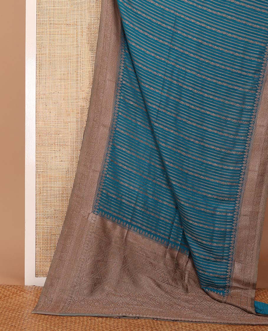 Blue zari striped fancy crepe saree, contrast traditional border & jaal pallu