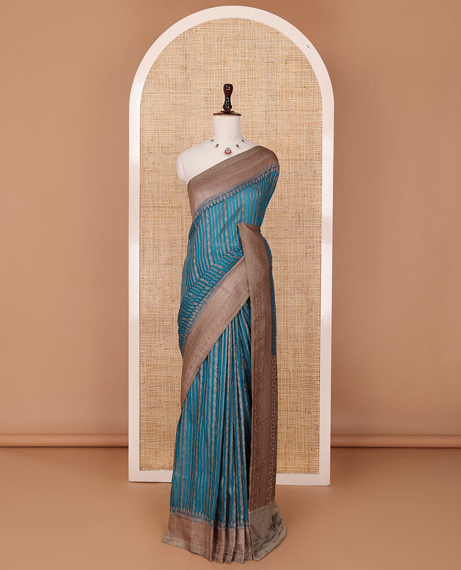Blue zari striped fancy crepe saree, contrast traditional border & jaal pallu