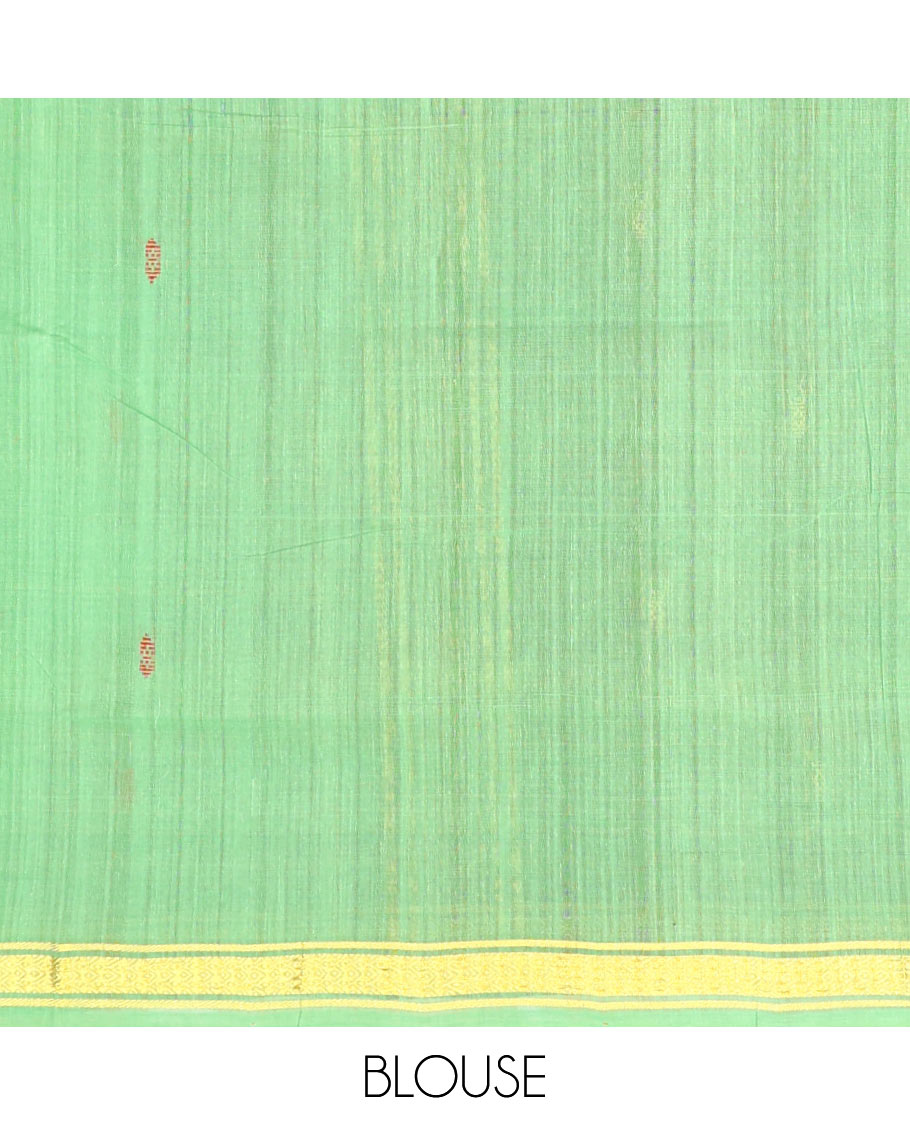 Pista green thread buttas Andhra cotton saree, zari border, and contrast pallu of zari stripes