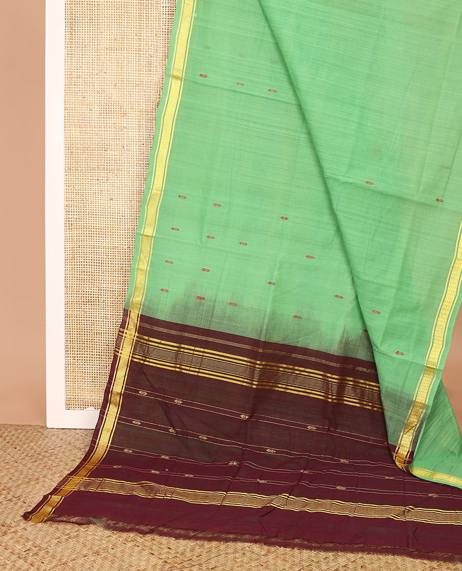 Pista green thread buttas Andhra cotton saree, zari border, and contrast pallu of zari stripes