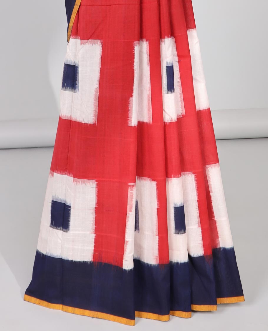 Red geometric design Ikkat cotton saree with contrast plain border & intricate design pallu