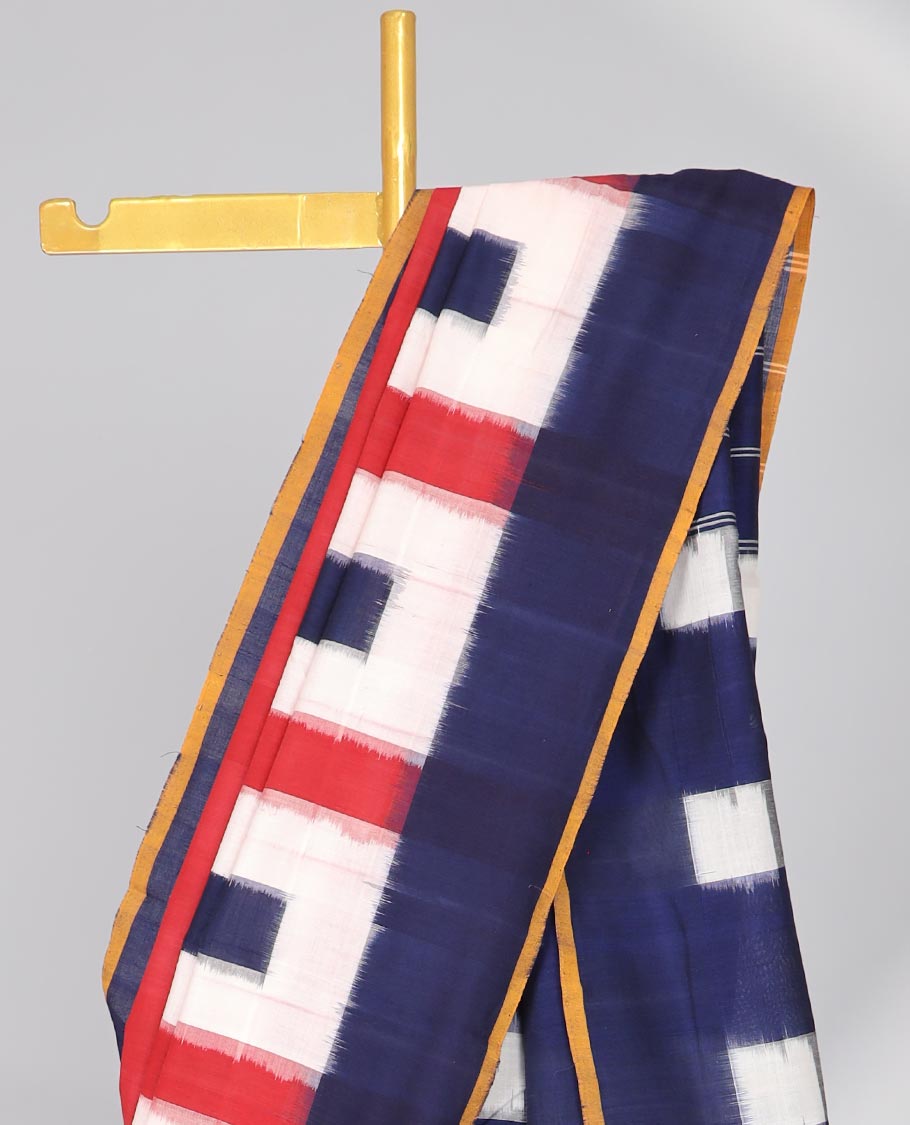 Red geometric design Ikkat cotton saree with contrast plain border & intricate design pallu