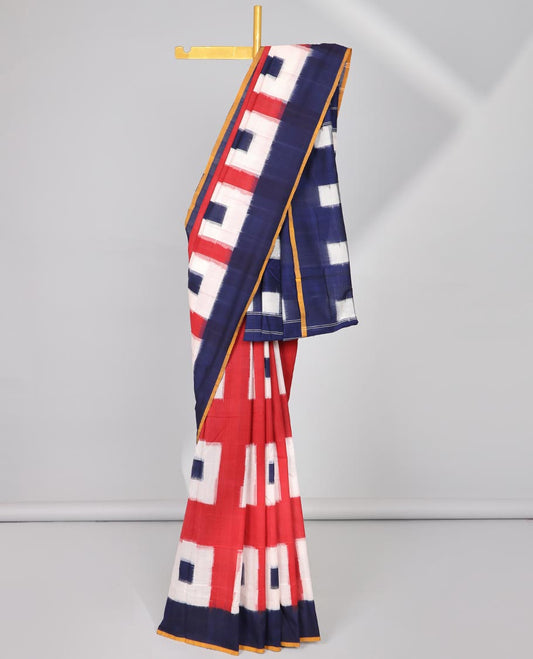 Red geometric design Ikkat cotton saree with contrast plain border & intricate design pallu