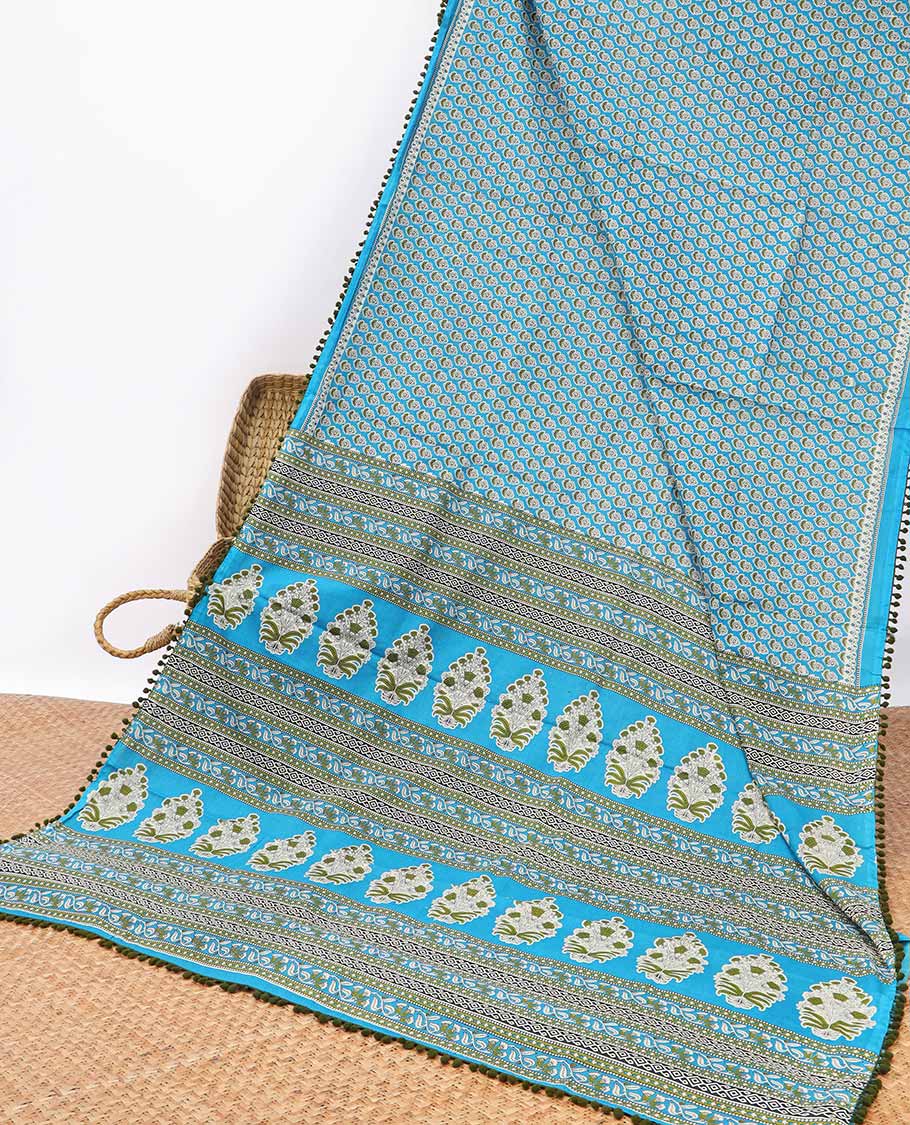 Blue all-over intricate floral design mul mul cotton saree with self floral design border