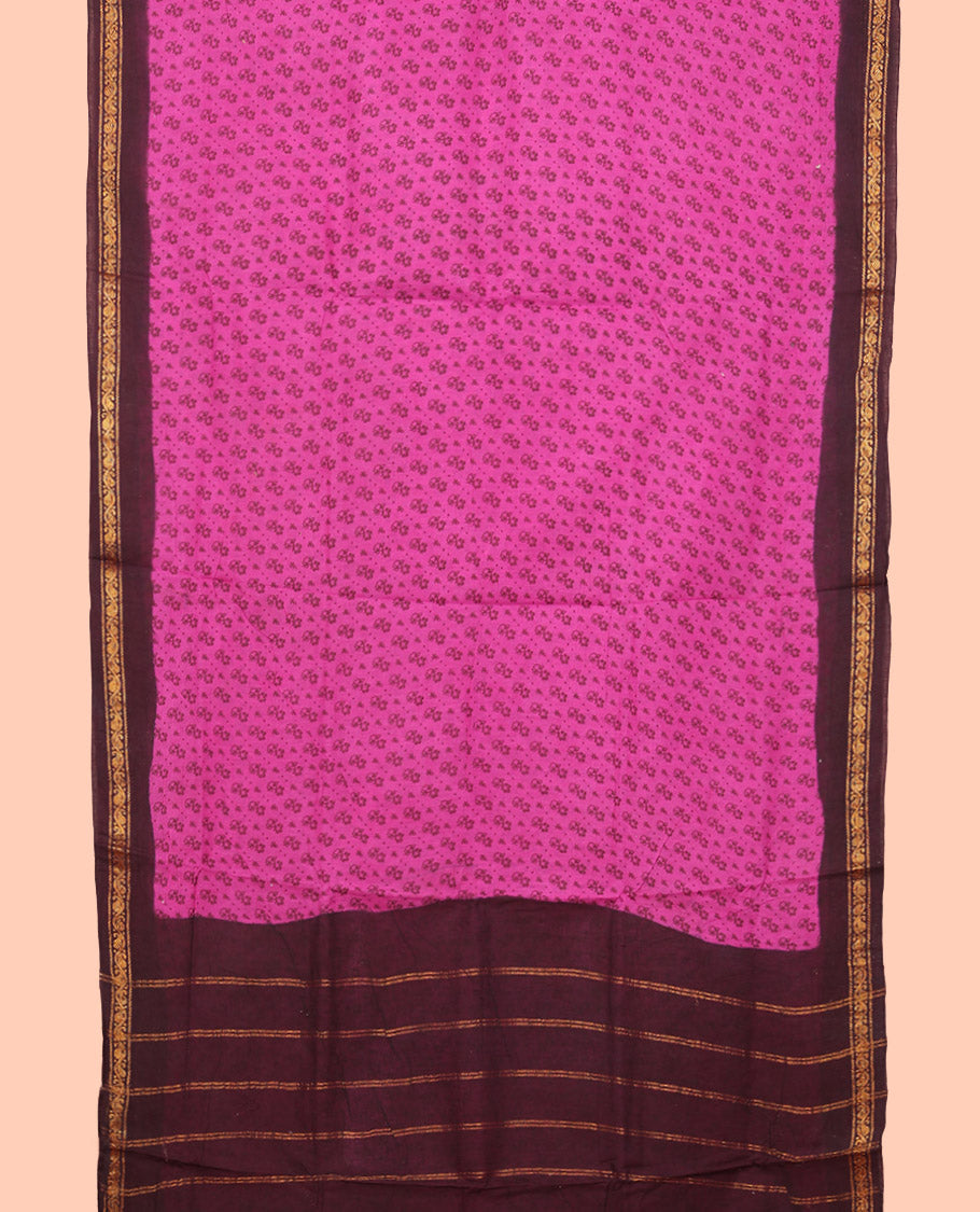 Pink Nine Yard Cotton Saree, Detailed with Buttas, Complemented by Contrast Paisley Vine Border, Pallu of Stripes, and Comes Without a Blouse